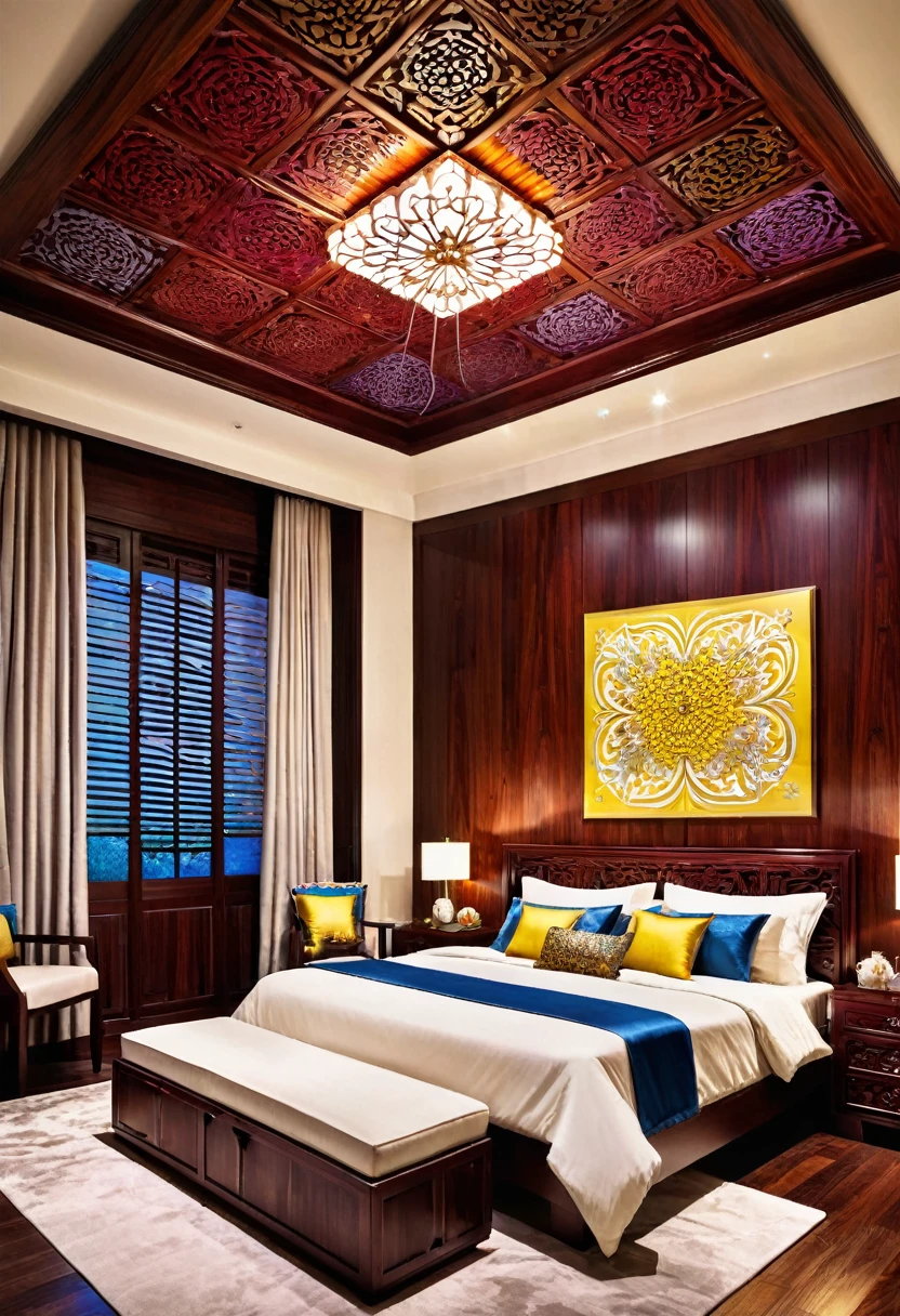 A beautiful bedroom made of rosewood decor design, intricate patterns, colorful lightings,