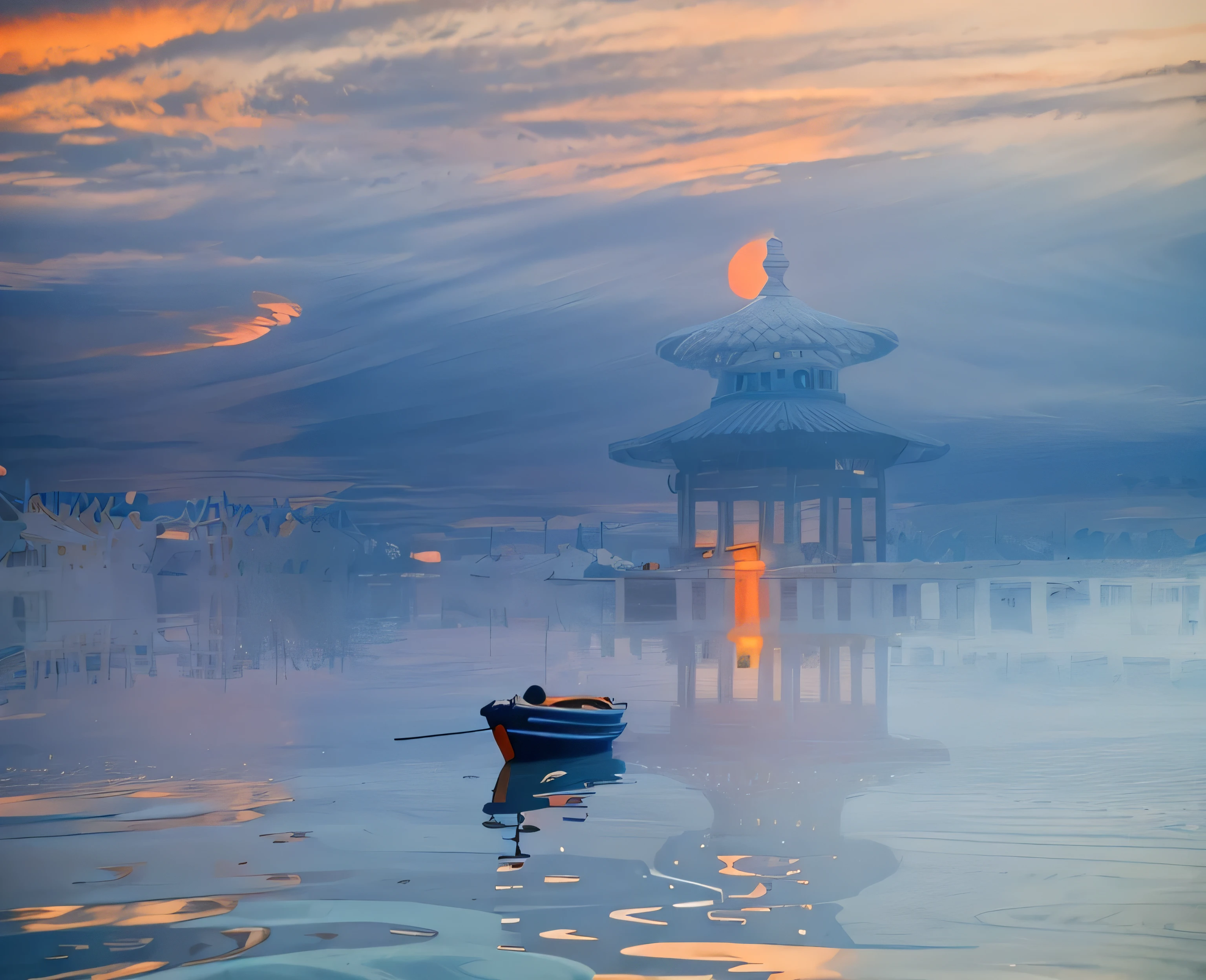 Long exposure photography，Award-winning photography，Practical，In waters with boats，Sunset, ，stunning lighting, Abstract， Claude Monet，Abstract，photography，high quality，blue，orange，Sunset，Beautiful scenery，photo，photoPractical