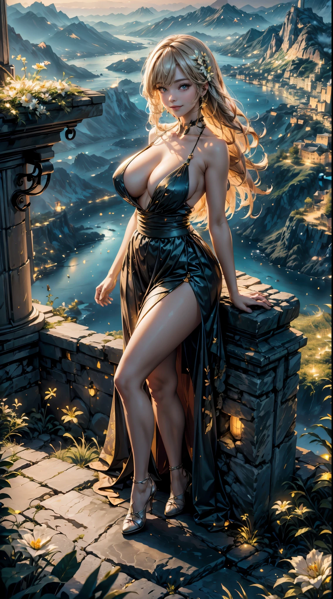 a woman standing on a ledge with a city in the background, smiley face smile on face, huge breasts, hot body curves, beautiful flowers, wearing skirt, girl standing on mountain, amazing view, city in the background, view(full body + zoomed out), beautiful view, city background, bottom viev, big booty, with a city in the background, gorgeous view, giant stunning goddess shot