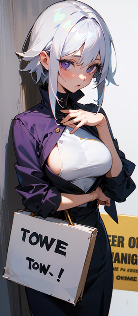 ((Best Quality)), ((Masterpiece)), (detailed), 1 girl, showing some exposed breast, White hair, dressed in purple with black, holding a sign that says "tow" written