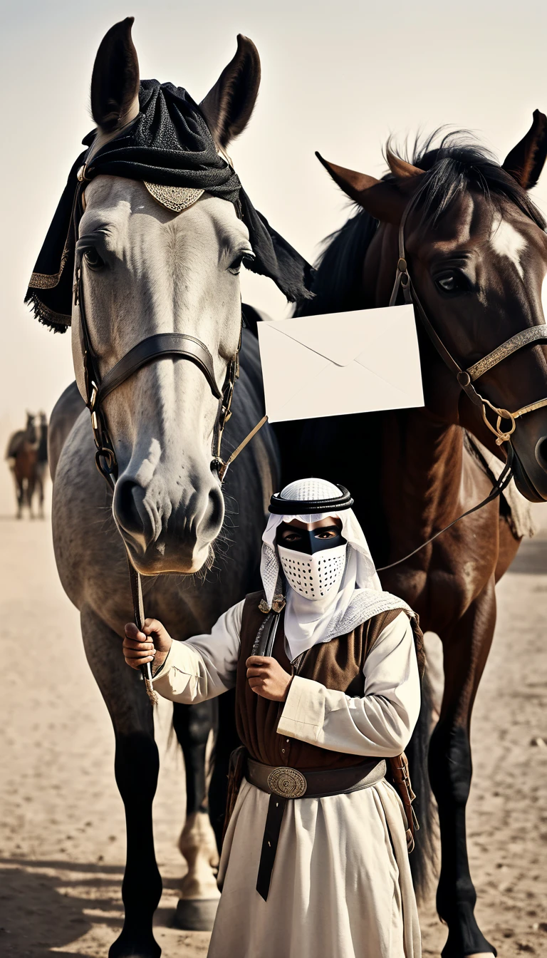 A captivating old photo of a masked Arab warrior standing near a horse with a blank letter in his hand, which he opens and shows to the camera, focusing on it