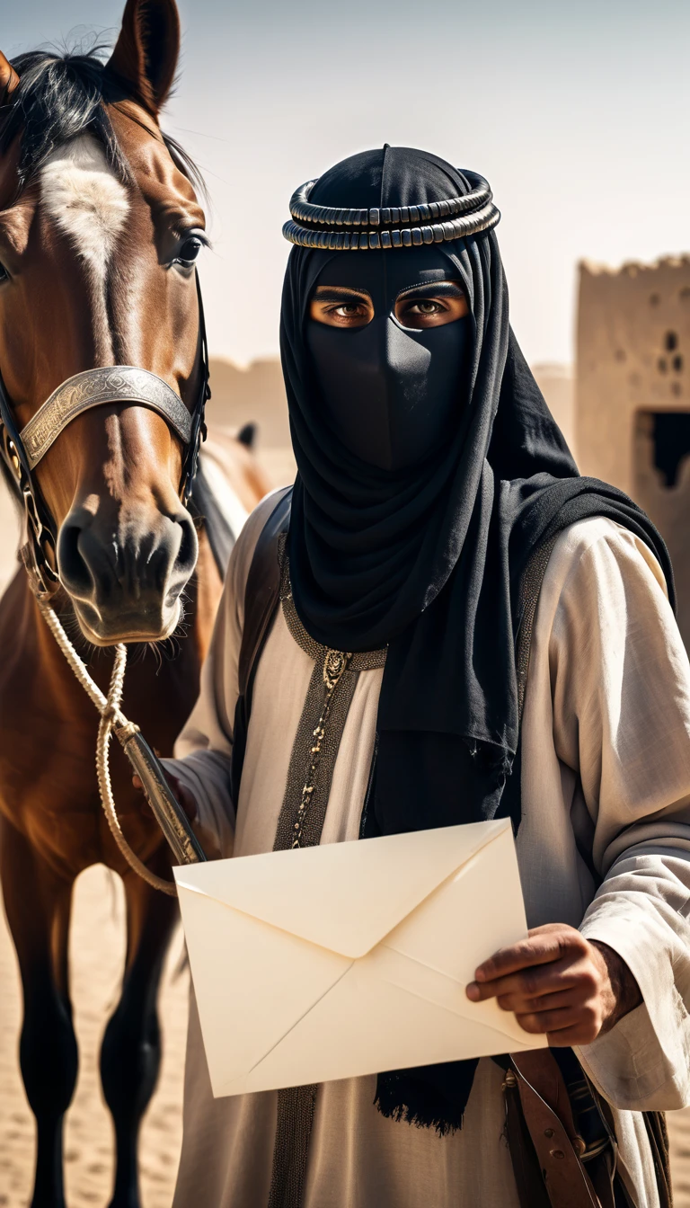 A captivating old photo of a masked Arab warrior standing near a horse with a blank letter in his hand, which he opens and shows to the camera, focusing on it