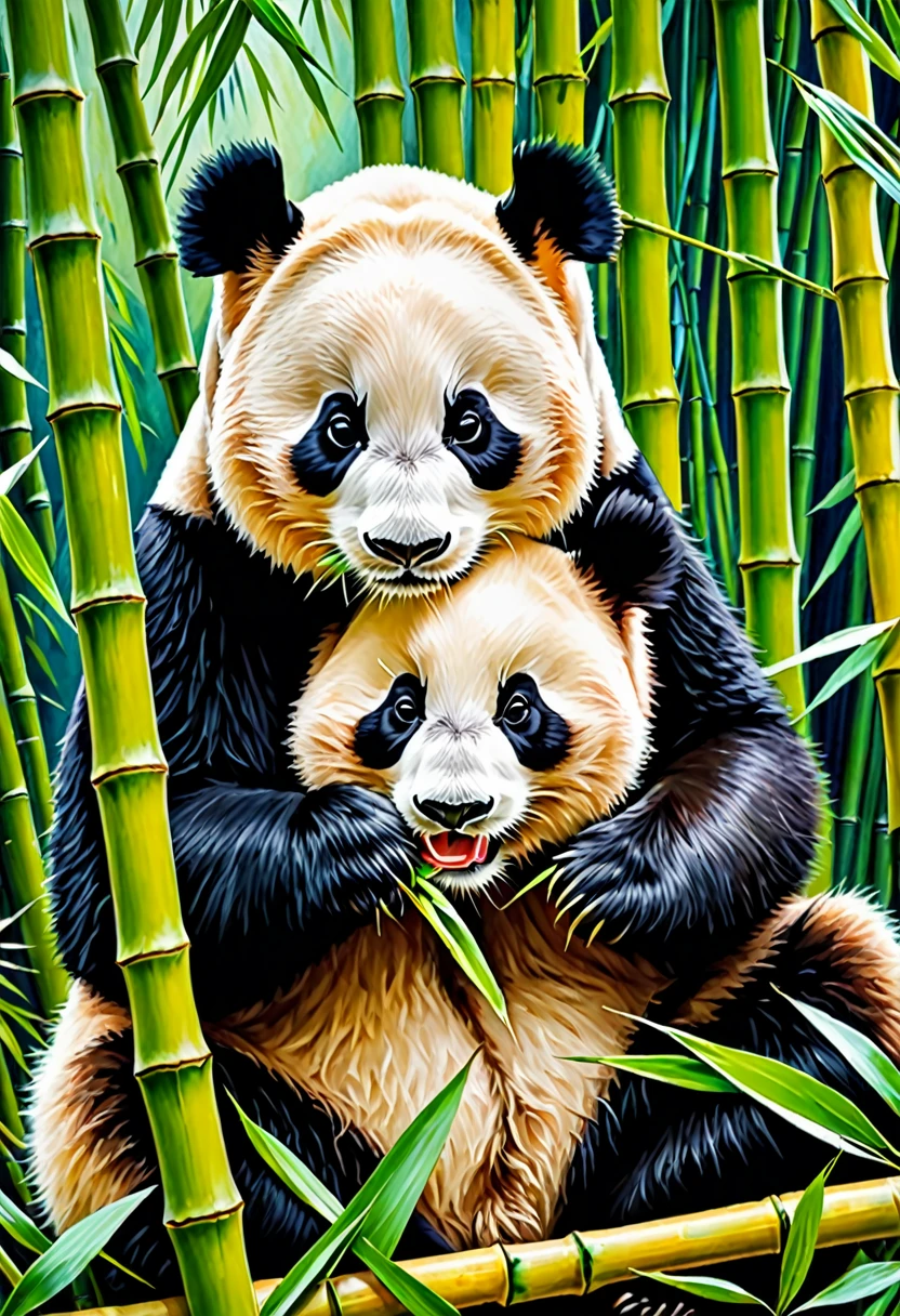 an oil painting of a panda munching on bamboo