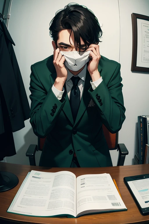 A guy in green HQ suit covering his face with question mark symbol
