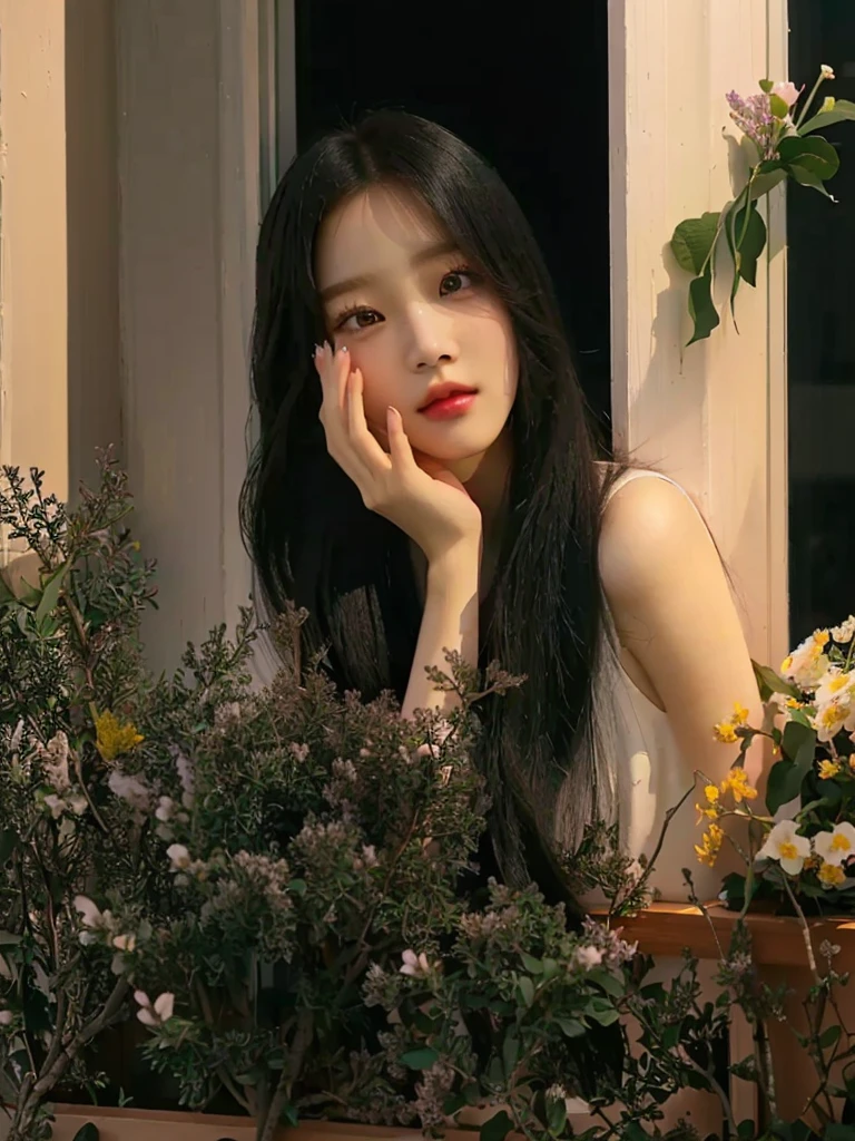 There is a woman leaning on the window sill, sympathetic ), korean artist, Blackpink Jisoo의 초상화, beautiful korean girl, Lopi portrait outside the window, with flower, Beautiful girl, Blackpink Jisoo, Inspired by Song Mao Jin, Heonhwa Choi, infp young woman, flowers in her black hair