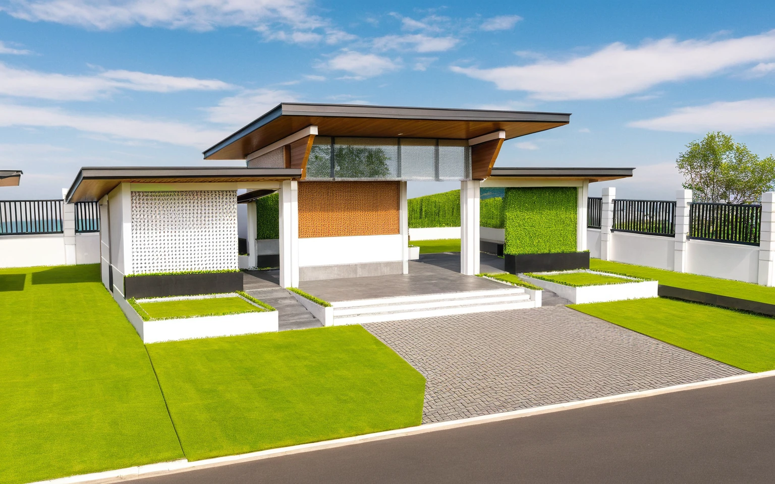 Masterpiece, high quality, best quality, authentic, super detail, outdoors, huts style modern, white wall, glass windows, gate road,pavement, grass, trees,blue sky, cloud, (day:1.1), realistic lighting