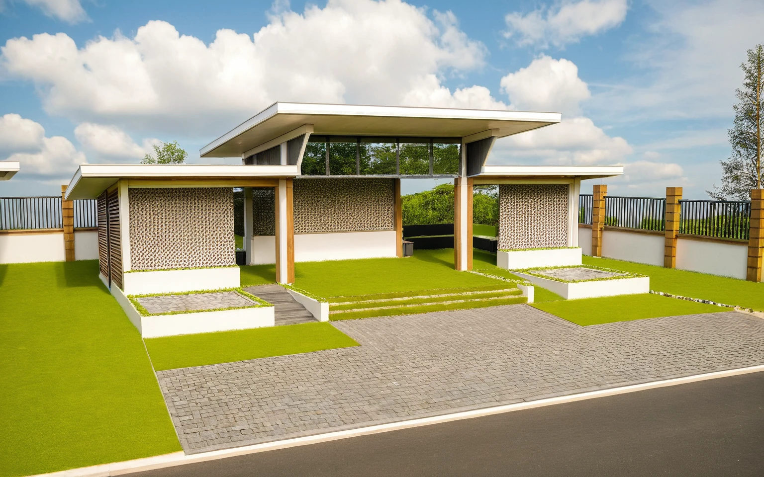 Masterpiece, high quality, best quality, authentic, super detail, outdoors, huts style modern, white wall, glass windows, gate road,pavement, grass, trees,blue sky, cloud, (day:1.1), realistic lighting