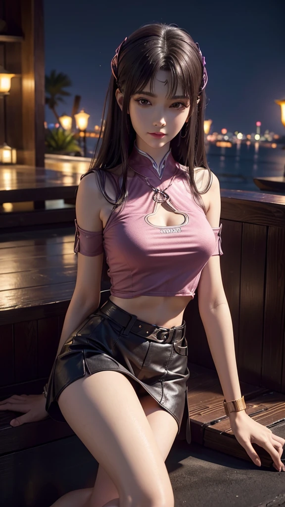 ((midynight, Acura, 8K, tmasterpiece: 1.3)), full bodyesbian, long leges, Focalors: 1.2, perfect figure beautiful woman: 1.4, Slim abs: 1.1, (dark brown hair,: 1.2 )), (Pink skinny T-shirt, short skirt,sitting on a stool: 1.2), (city night scene, the roof: 1.3)), Highly Detailed Face and Skin Textur, detailedeyes, double eyelid,