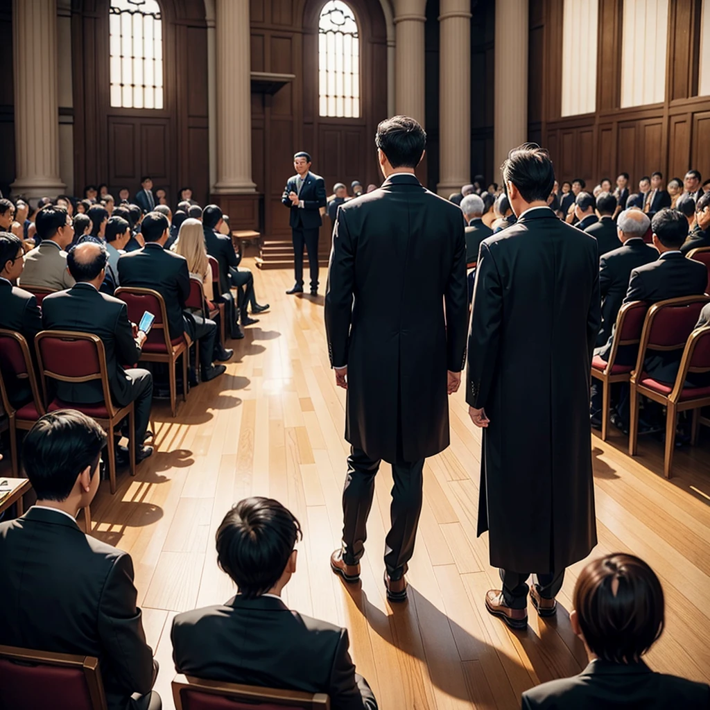 Back photo, There is only one middle-aged man in the photo，Speech in the Great Hall，many listeners, major，credibly，of Taiwanese，Used to make profile pictures