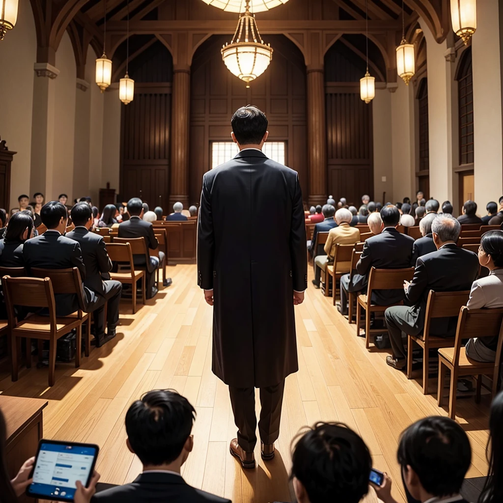 Back photo, There is only one middle-aged man in the photo,Speech in the Great Hall,many listeners, major,credibly,of Taiwanese,Used to make profile pictures