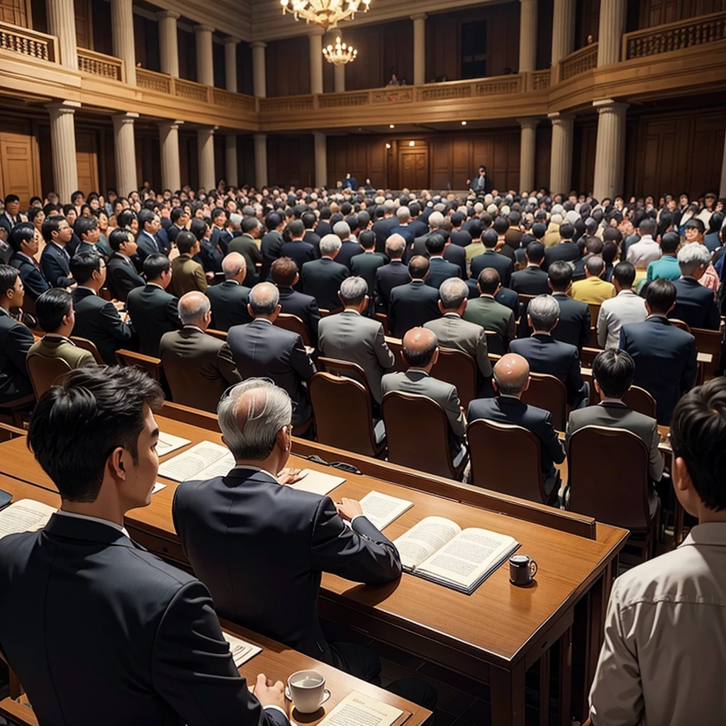 Back photo, There is only one middle-aged man in the photo，Speech in the Great Hall，many listeners, major，credibly，of Taiwanese，Used to make profile pictures