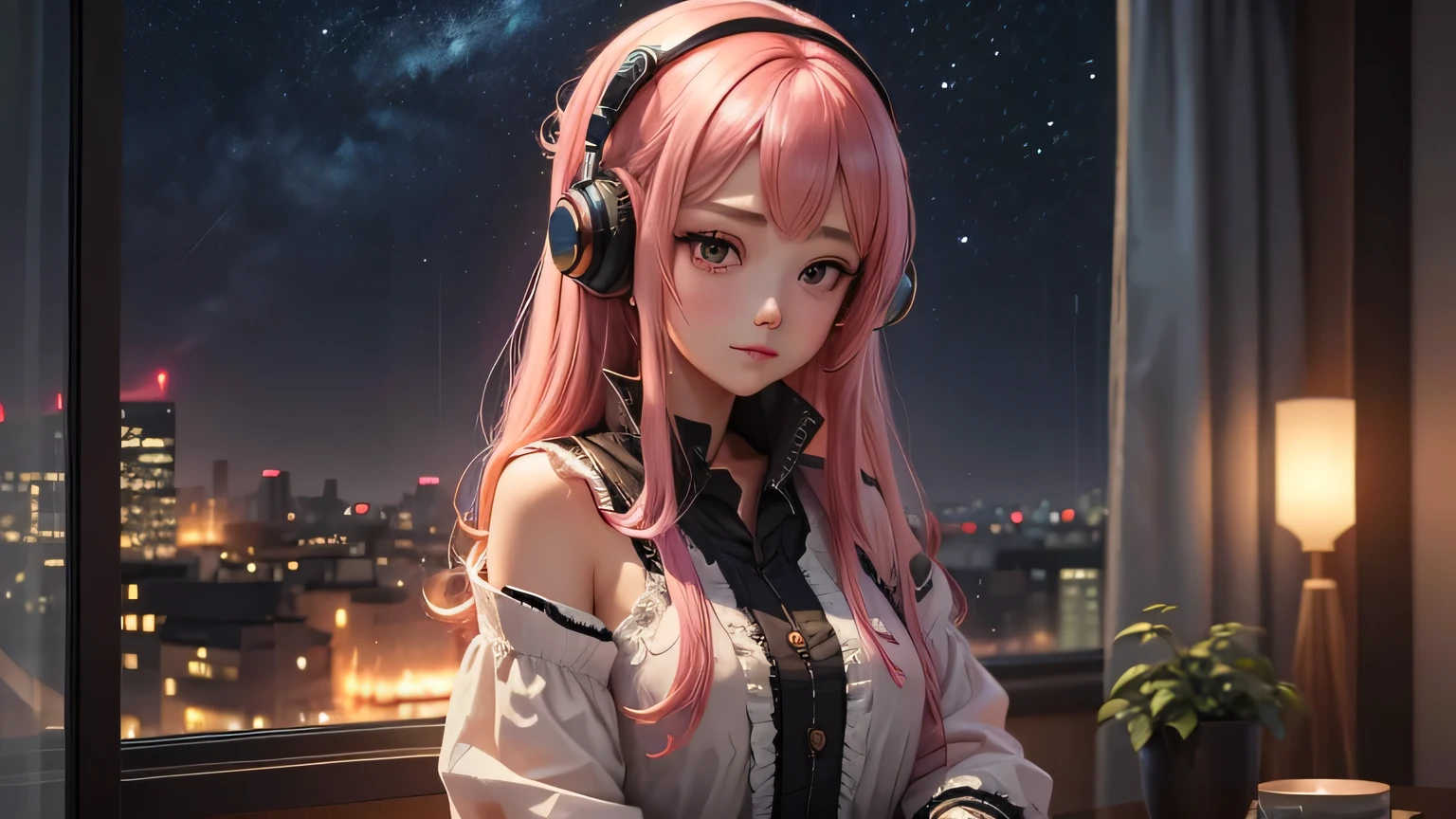 Rain sound and night view image: Rainy night、A scene of relaxing while looking out the window。 scenario: With the sound of rain and the visuals of the night view as the background、Soft lo-fi music plays。Perfect as background music to help you concentrate on studying or working。 [instrumental](masterpiece, Highest quality, Highest quality, Official Art, beautifully、aesthetic:1.2), (One girl), Very detailed,(Fractal Art:1.3),colorful,Most detailed pink hair、I have headphones on。