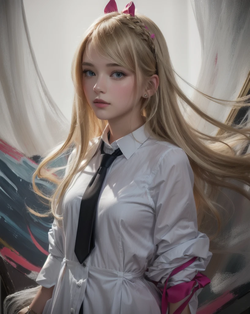 cute girl with long blonde hair and a tie standing in front of a painting, detailed digital art, portrait girl, digital illustration, portrait of an girl