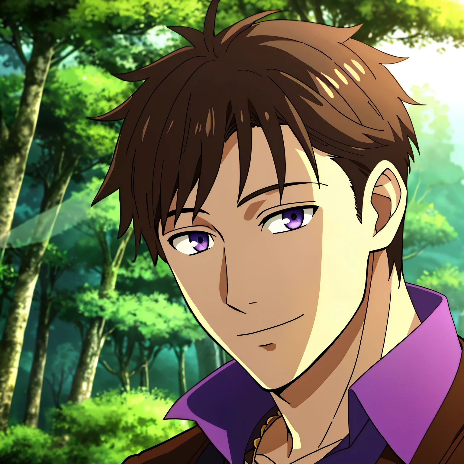 (high-quality, breathtaking),(expressive eyes, perfect face) 1boy, male , solo, 40yrs old, adult age, short hair length, brown hair color, purple eye color, forest background, bright background, slightly narrow eyes, amethyst necklace, portrait, Symmetrical Eyes, headshot, spiky hair, adventurer profession, aura guardian, explorer attire, charming smile, modern fantasy, bard inspired, dad vibe, Loid Forger inspired
