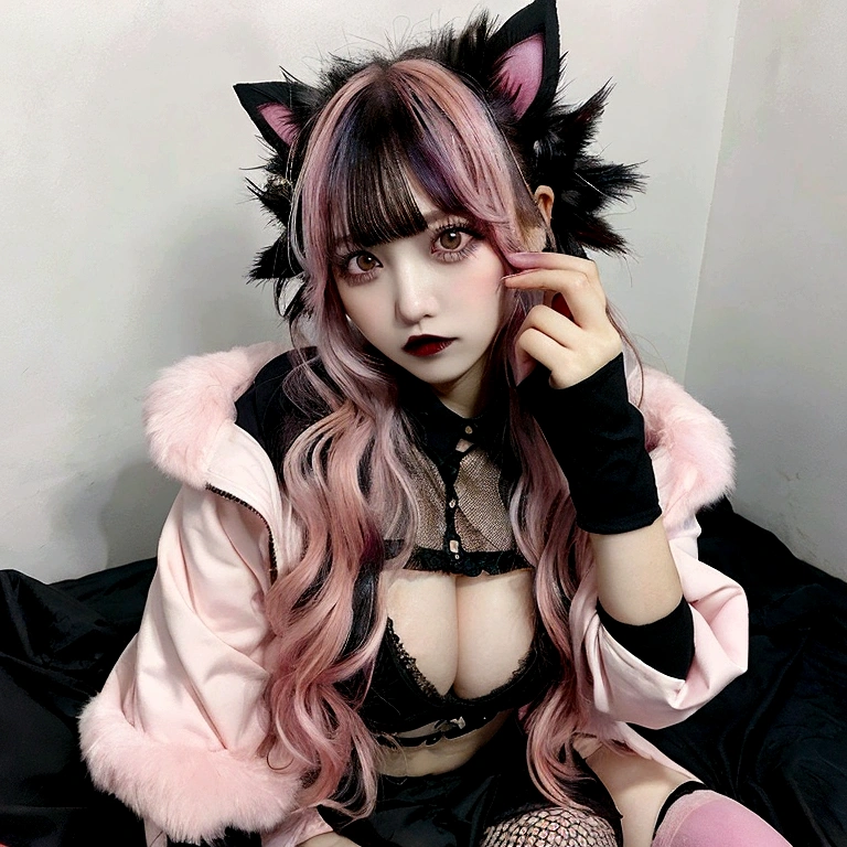 1girl, Holo-Punk Style, beautiful woman in messy bedroom, poofy hair, eyeliner, emo, emo makeup, goth, bright pink hair, head ornament, stockings, jacket, microbangs, big breasts, fishnets