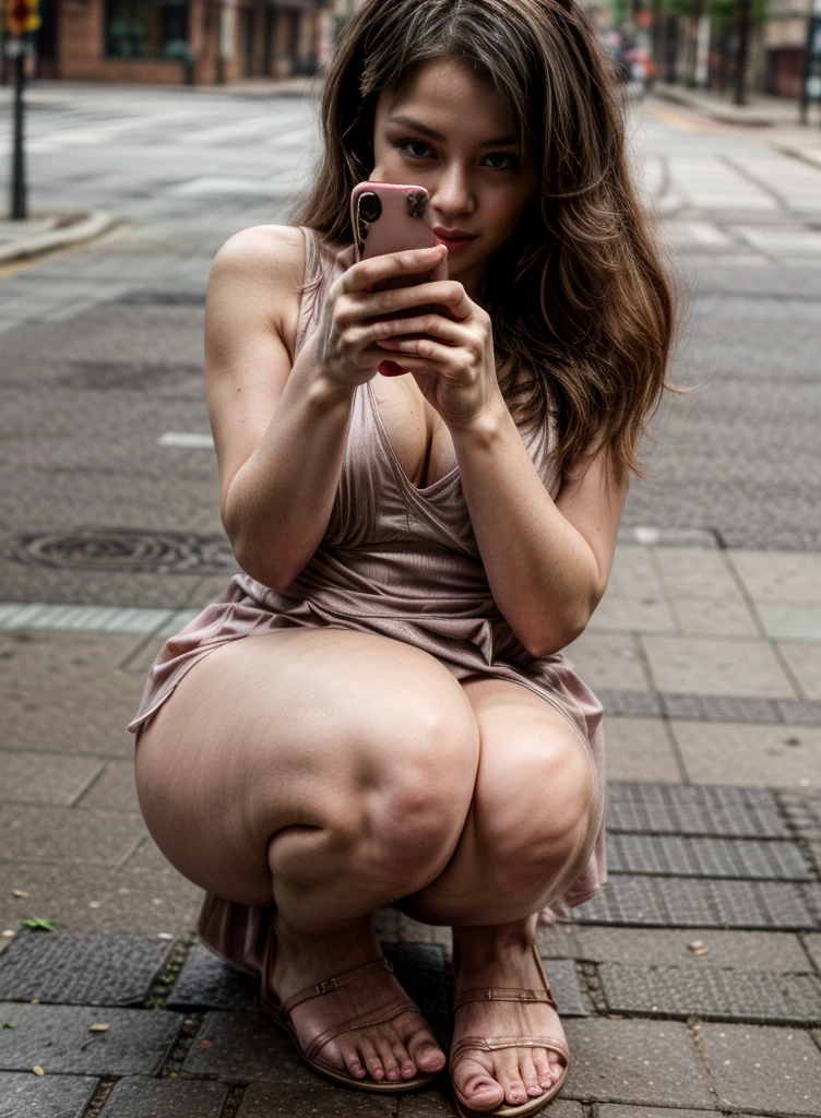 woman in pink dress squatting down on a brick sidewalk taking a picture, exposed thighs, pretty face with arms and legs, checking her phone, exposed thighs!!!, round thighs, checking her cell phone, juicy legs, hugging her knees, sexy look at the camera, special attention to posing, thighs, squatting pose, uhd candid photo of dirty