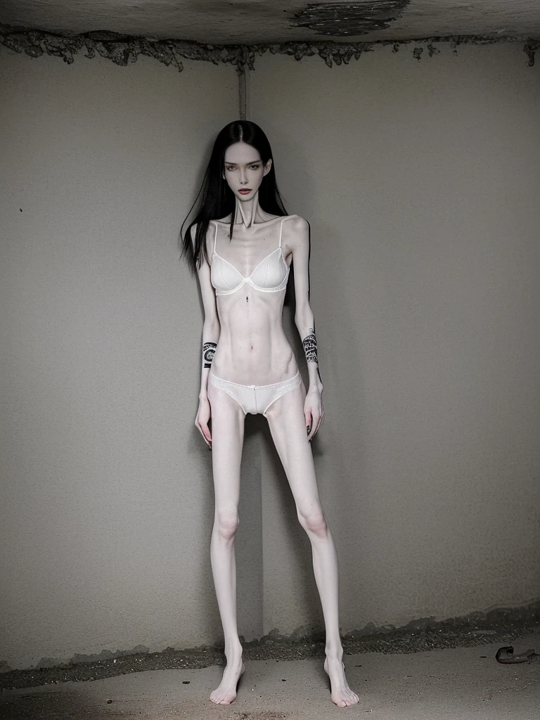 a woman, very thin body, body visible bones, very slender, pale white skin, , bra,tatto, full body, has a mental breakdown in an underground prison, sweaty weat body