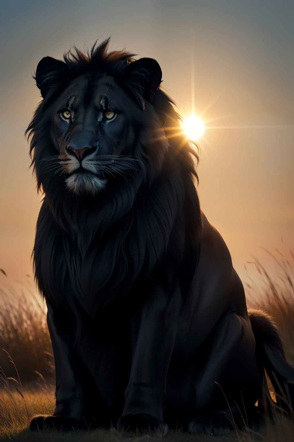 A majestic black lion, with a regal demeanor and a coat as sleek as the night, stands proudly in a grassy savannah under the soft, golden glow of the setting sun. The photography style captures the raw emotions and the powerful grace of this magnificent creature, with a focus on subtle backlighting and dramatic composition, creating an awe-inspiring masterpiece of wildlife photography.