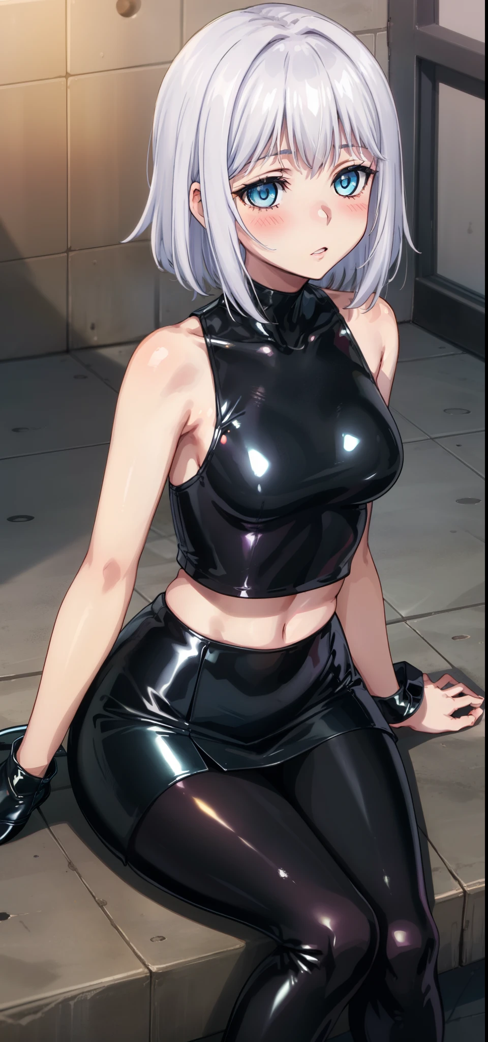 1 girl, kanon kanase, , blush, medium breasts, sleeveless,(stylish latex outfit,black latex bea, black latex skirt), sitting, 20-year-old, healthy skin.