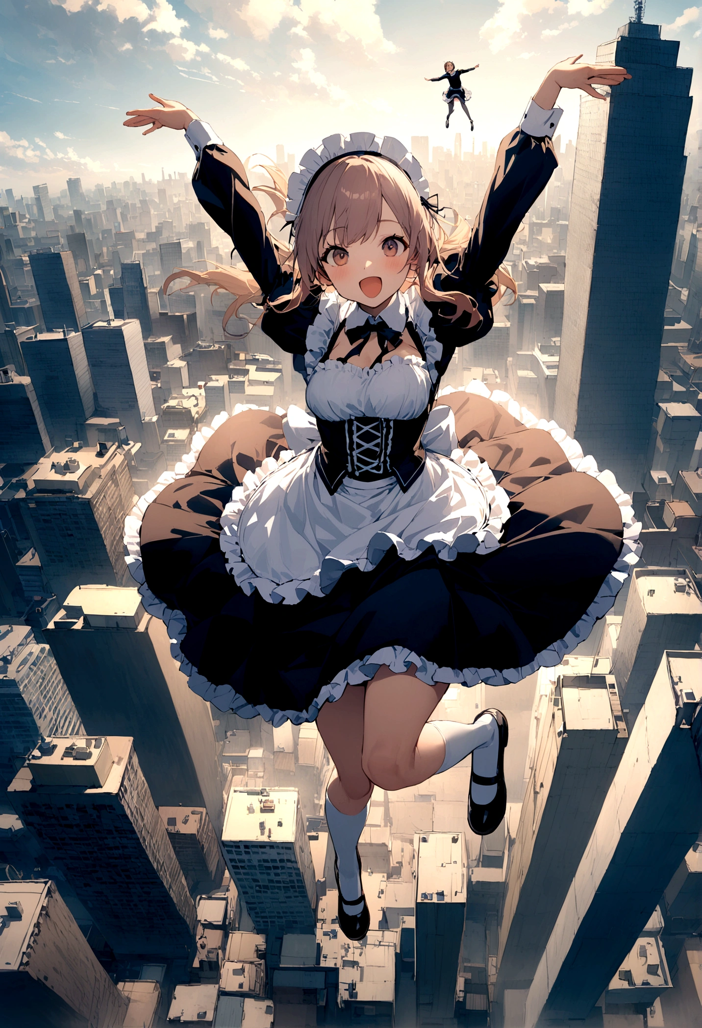 City、走るようなJump、Running pose、Masterpiece、Landscapeの、Landscape、Landscapeのメイド、ビルの上をJump、From Lawn Angle、Maid clothes、beautiful girl、Maid Costume、Frills fluttering in the wind、ビルの合間をJumpする、there is a man that is Jumping in the air with a kite, Leap into the air, Jump pose, Jumping towards viewer, horizontally Leap!!!, Jumping for joy, Leap, Aerial浮揚, Rise from the ground, Leap towards viewer, ultra - high Jump, Jumping, Leap with arms up, Aerial, Jump、skyscraper、City、Tokyo
