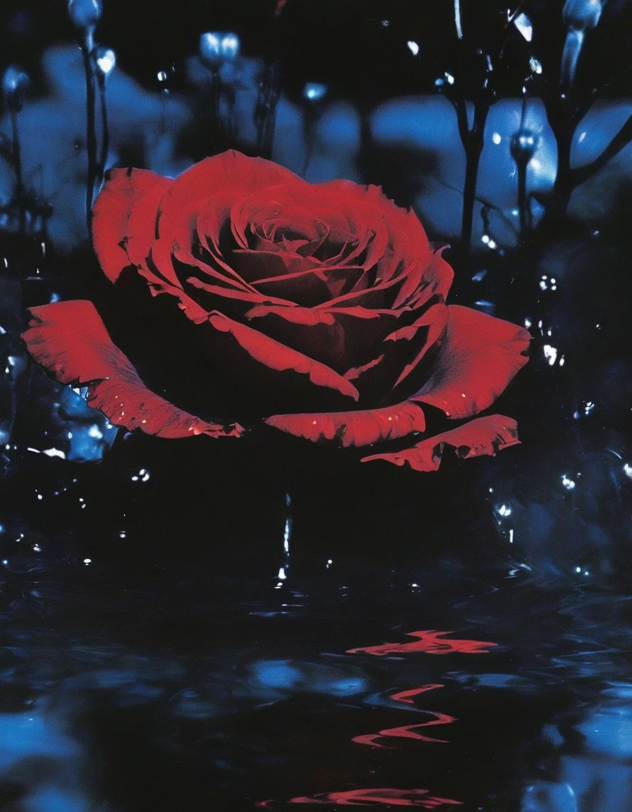 film photography, vintage, close up photo of red rose in black water, blue dark forest night background