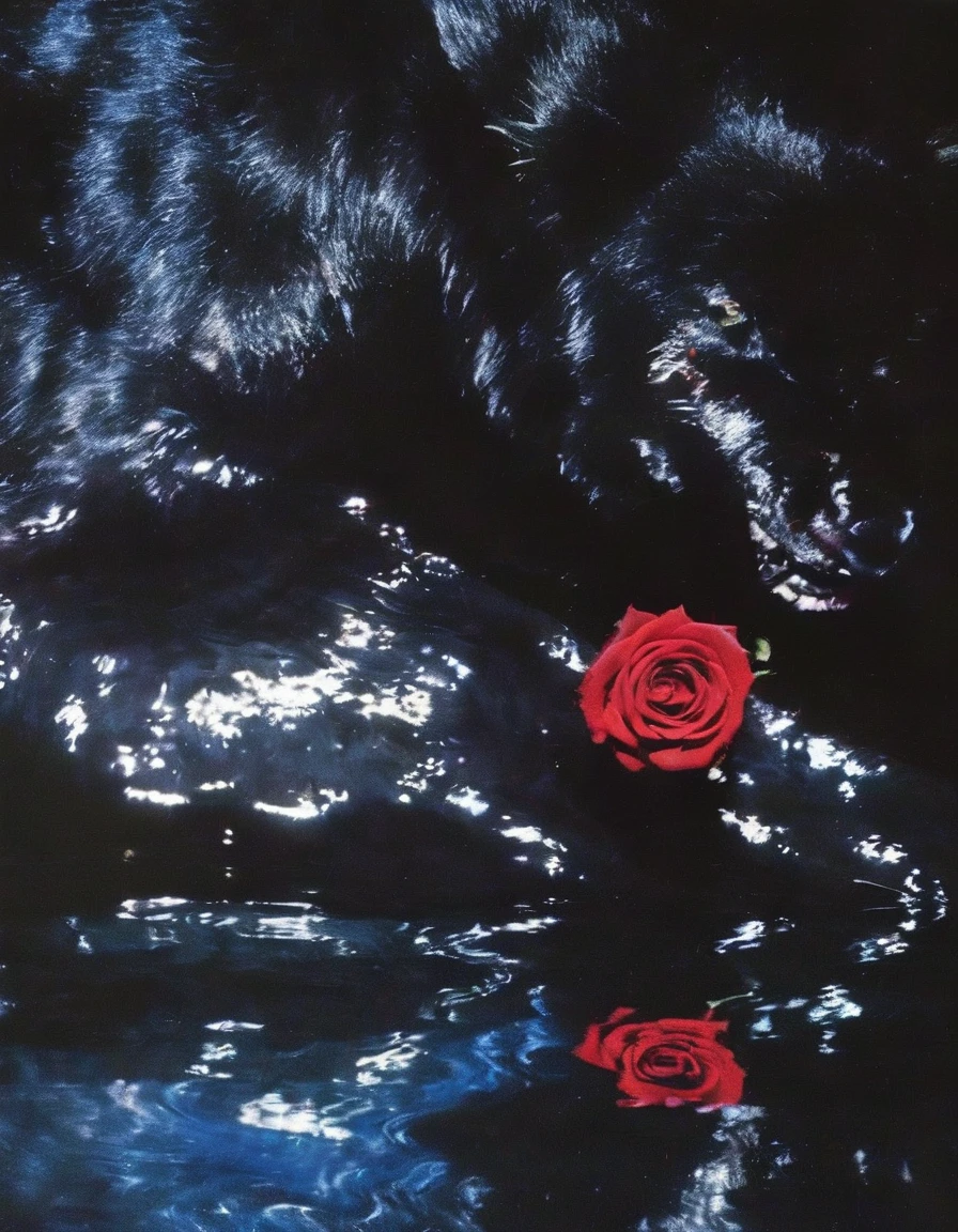 film photography, vintage, close up photo of red rose in black water, blue dark forest night background