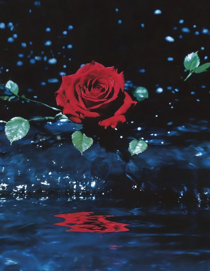 film photography, vintage, close up photo of red rose in black water, blue dark forest night background