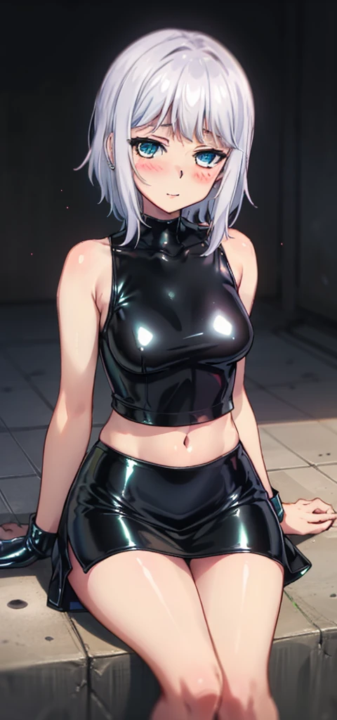 1 girl, kanon kanase,  , blush, medium breasts, sleeveless,((stylish latex outfit,black latex bea, black latex skirt)), sitting,  20-year-old, healthy skin.
