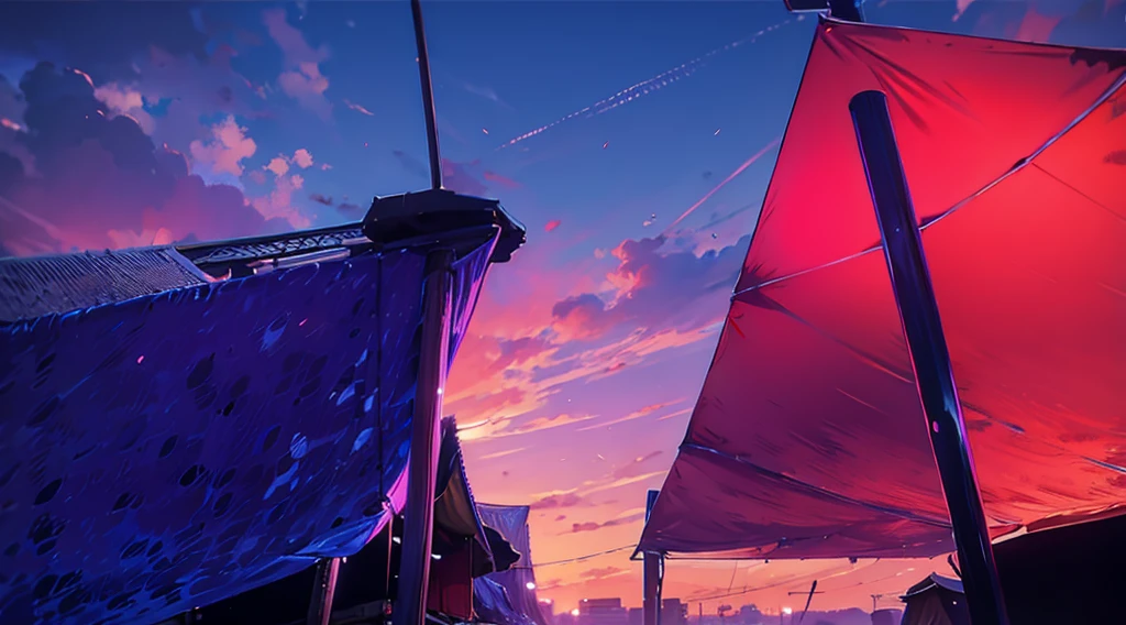 tarp canopy, under the market tents, under the canopies, low angle, dawn sky, early morning,