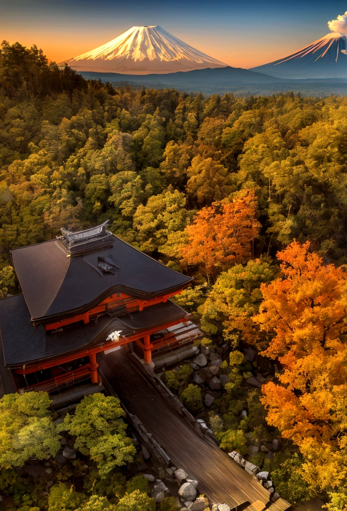 aerial photography, panoramic photography, huge moon, The abodes of the gods are scattered throughout the mountains, Huge residence where ancient Japanese gods lived, the vast grounds, lake, The abodes of some gods are so high that they touch the sky, the majesty and the divine, ancient architectural styles made of wood and stone, Ise Grand Shrine and Izumo Taisha and Omiwa Shrine are merge and expand, landscapes of Japan 100000 years ago, Mt. Fuji looks small in the distance, Mt. Fuji erupts and spews out magma, There is no snow on Mt. Fuji, tropical virgin forest, forests and lakes, ancient ruins, Thatched houses where people who worship God live, outdoor, Original scenery of the Japanese, 8k, 4k, fantasy, High-definition, ancient colors, The gigantic torii gate, sepia color,