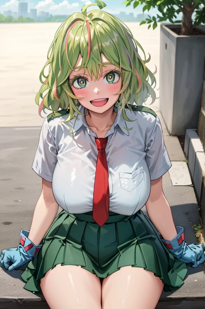 TooruU1, 1girl, solo, looking at viewer, green hair, blush, green eyes, messy hair, medium hair, medium breasts,bangs, hair between eyes, open mouth, smile, gloves, ahoge, blue gloves, multicolored hair, (teeth:1.1), (white teeth:1.1), cowboy shot, , white shirt, necktie, red necktie, skirt, pleated skirt, (:d:1.1), collarbone, collared shirt, green skirt, u.a , short sleeves,  swewat,  sitting, sitting in, girl sitting,  outdoors, day, clouds, buildings, school, trees, bushes, (from above:1.2),
BREAK
masterpiece, best quality, highly detailed background, perfect lightingbest quality ((shiny skin, glossy skin, detailed skin)),
 Middle Button popped opened
Giant breast