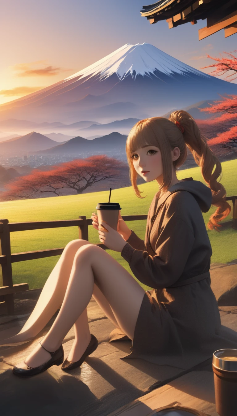 quality\(8K,非常に精細なCGユニットのwallpaper, masterpiece,High resolution,top-quality,top-quality real texture skin,Surreal,Increase the resolution,RAW Photos,最高quality,Very detailed,wallpaper\),BREAK、Fuji Mountain、First sunrise of the year、Rising sun、Fuji Mountain山頂、頂上でFirst sunrise of the yearを嗜む、Drink coffee、