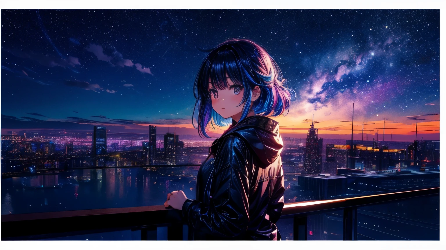 Cute Girl Characters、 Night view from a high place、Drawing a large number of skyscrapers, Look up at the starry sky. Surround her with colorful nebulae and colorful metropolises.