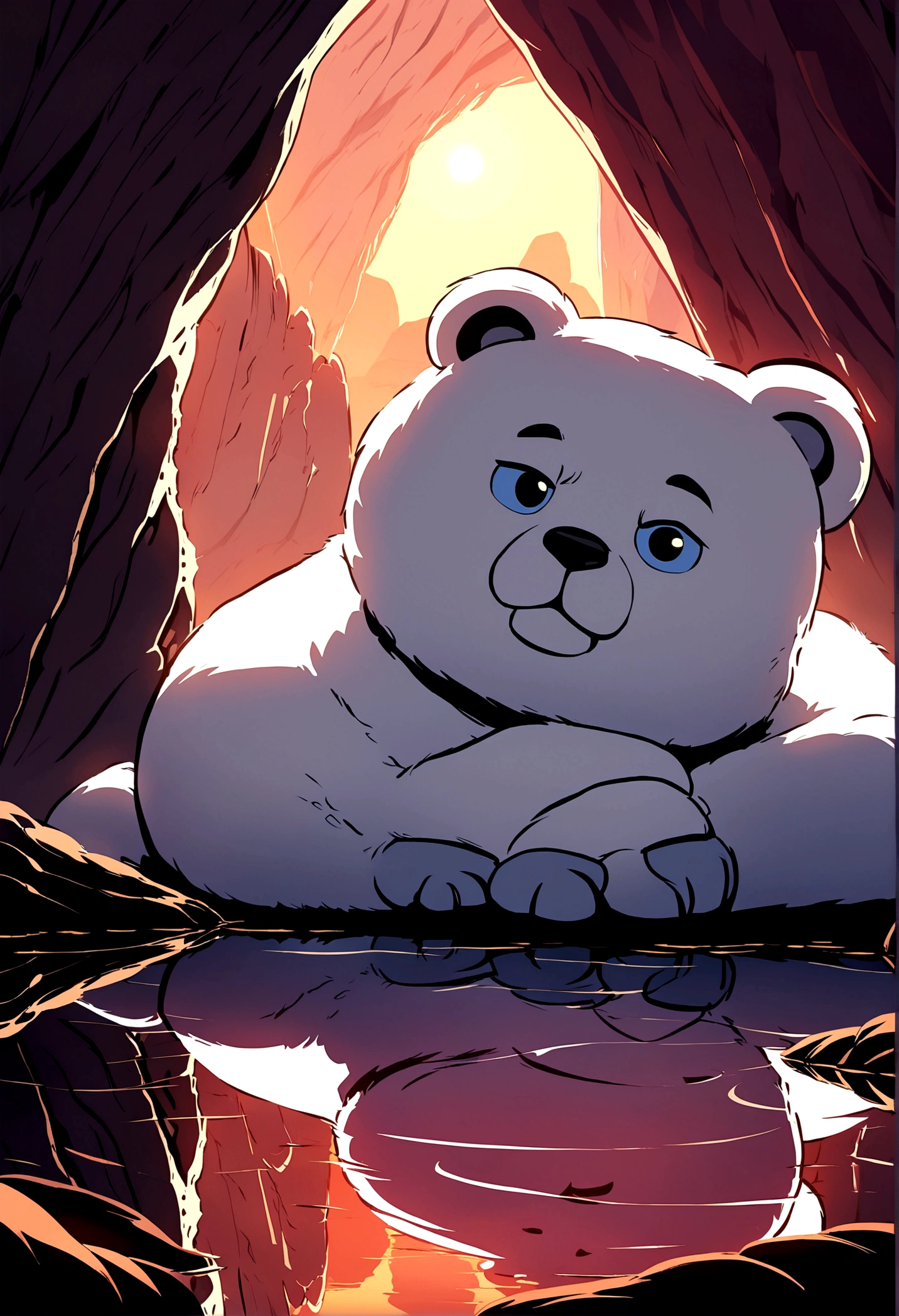 Sunrise,A strong white bear is sleeping soundly deep in the cave, Pixar style