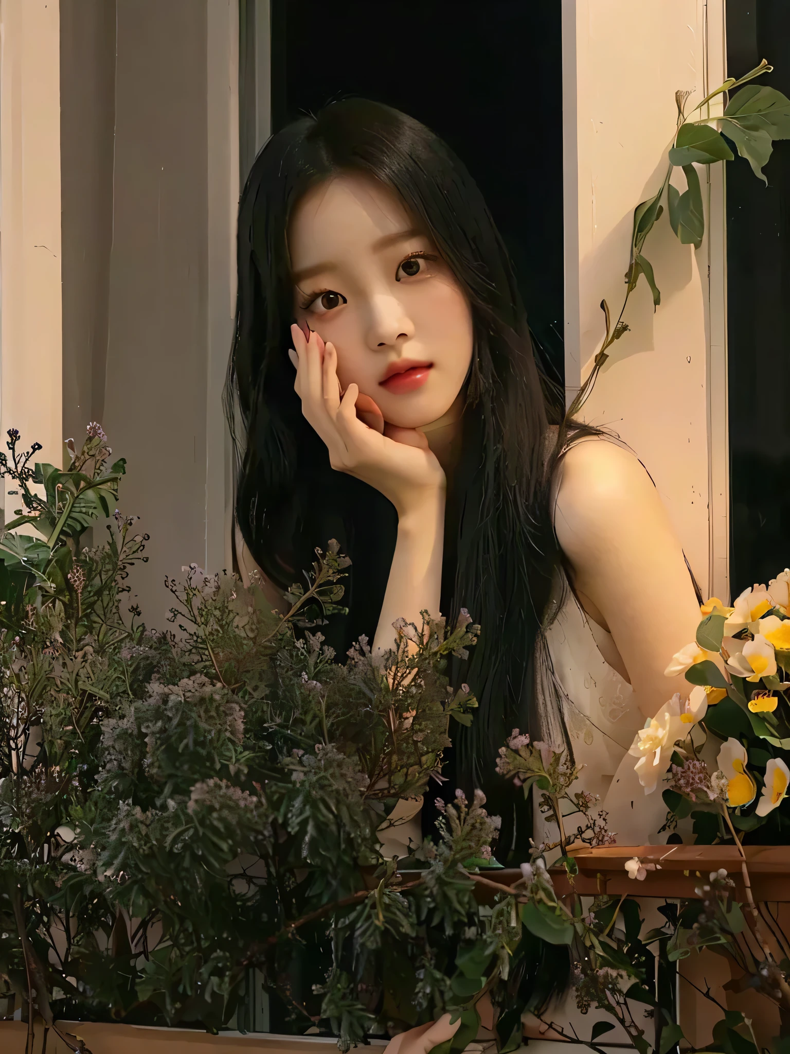 There is a woman leaning on the window sill, sympathetic ), korean artist, Blackpink Jisoo의 초상화, beautiful korean girl, Lopi portrait outside the window, with flower, Beautiful girl, Blackpink Jisoo, Inspired by Song Mao Jin, Heonhwa Choi, infp young woman, flowers in her black hair