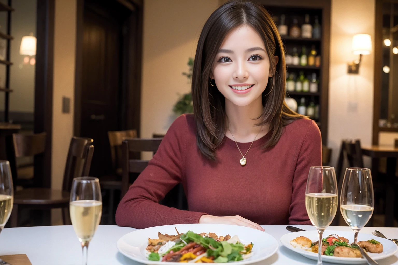 ((Highest quality、8K、masterpiece:1.3))、1 male、1 woman who resembles Satomi Ishihara、Couple、Full course dinner and wine glasses on table、The body is スリム、((Bob Hale、Straight hair:1.2)), (Realistic, Intricate details:1.2), Put the light on your face、 Amazing view of the sunset sky and clouds、A bright smile、The wonderfulness of smile、Bright image、Blushing, short hair,Bright Face、 (42 years old), 39 years old, red wine 、Appetizers、Italian food、Wine bottle、Champagne、sparkling wine、Two beauties、Brown Hair、Shortcuts、Long sleeve shirt、dress、Beautiful woman 1, (Slim face), (The body is スリム), (Brown Hair), (Shortcuts), cheeks turn a little red,Attractive beauty、restaurant, In a prominent place (From the waist up) Nova Frog Style, actress, model, Upper Body, White wine,  (smile: 1.15), Beautiful fine grain, Depth f/2,saturation, High Contrast, Strong light and shadow,Moist Body:1.5、3D texture、Delicate eyes、Brown Hair、The hair is very shiny、