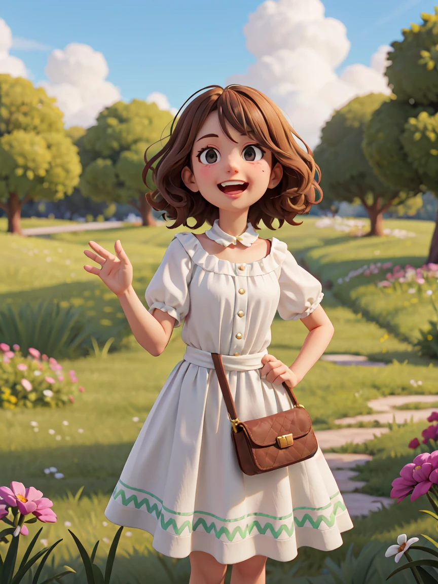 A gentle woman,Normal proportion,Look directly into the camera,Greeting with left hand raised,Right hand on waist,Black eyes, Brown medium-length curly hair,White Dress,Stand on a meadow full of flowers,Sunshine on the face,laughing out loud, bright,Bright green,Medium shot,Kipling Studio Style,Miyazaki style,2.5D,Game Textures,lifelike,4K