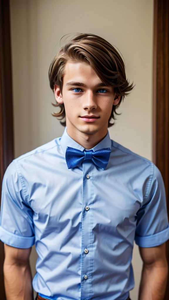 19 year old male wearing bow tie and button up
Physical Description: Brown colored hair and skinny build. 5"5 and 150 LB. Blue eyes.
.
