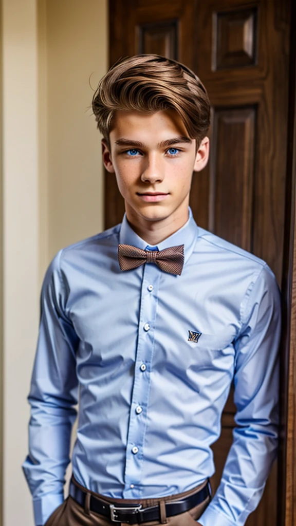 19 year old male wearing bow tie and button up
Physical Description: Brown colored hair and skinny build. 5"5 and 150 LB. Blue eyes.
.