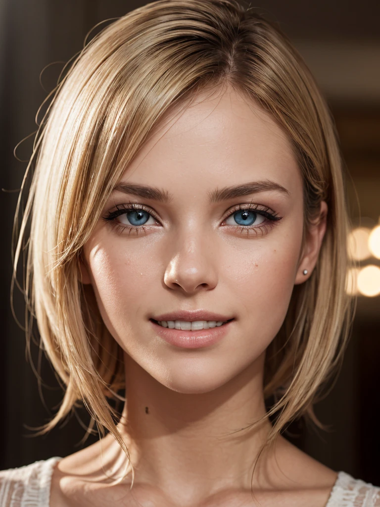 1girl, Extremely cute, Amazing face and eyes, (Beautiful lovely smile), (extremely detailed beautiful face), bright and shiny lips, keep staring at me, super beautiful, blonde, (Best Quality:1.4), (hyper quality), (Ultra-detailed), (hyper-realistic, Photorealsitic:1.37), Authentic skin texture, cextremely detailed CG unified 8k wallpaper, RAW Photos, professional photograpy, Cinematic lighting,