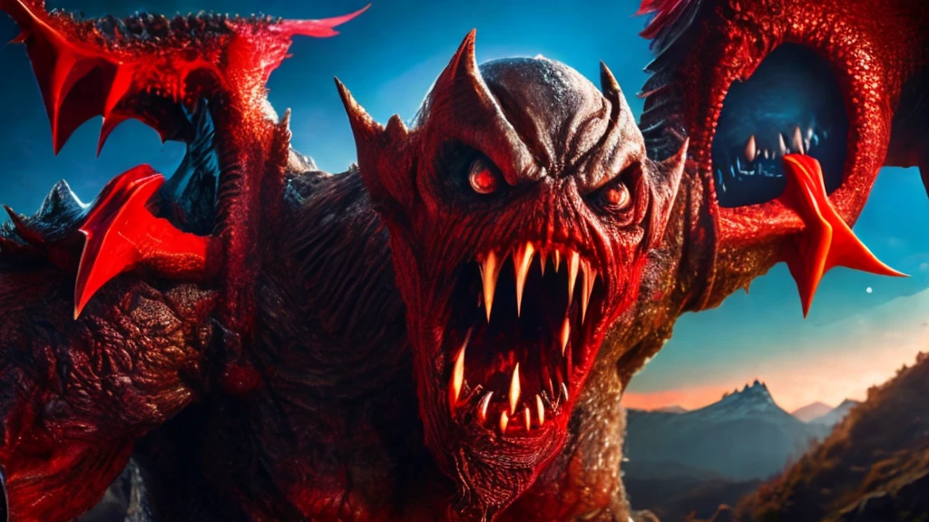 Giant Monsters, evil夢の獣, Super detailed, Overlooking the mountain village, Clear sky, Spooky Monsters, Menacing monsters, Sinister Monster,Terrifying monsters, Terrifying monsters, evil夢のモンスター, Vibrant colors, frigid hell, 邪evil, evil, Super-giant creature, 気味のevilいモンスター, Monster with mouth wide open, Vivid mouth, Beast&#39;s Teeth, Anime Style, Dragon