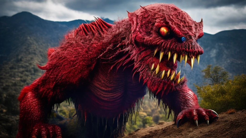 Giant Monsters, evil夢の獣, Super detailed, Overlooking the mountain village, Clear sky, Spooky Monsters, Menacing monsters, Sinister Monster,Terrifying monsters, Terrifying monsters, evil夢のモンスター, Vibrant colors, frigid hell, 邪evil, evil, Super-giant creature, 気味のevilいモンスター, Monster with mouth wide open, Vivid mouth, Beast&#39;s Teeth, Anime Style, Dragon