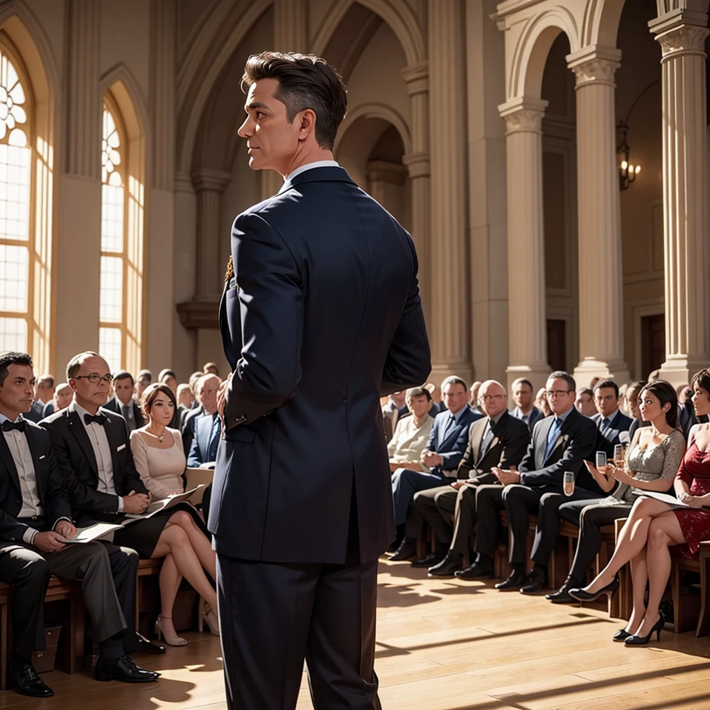 There is only one middle-aged male general manager in the photo with his back to the camera.，He wears fashionable and young clothes，Speech in the Great Hall，There are many audience members in the audience