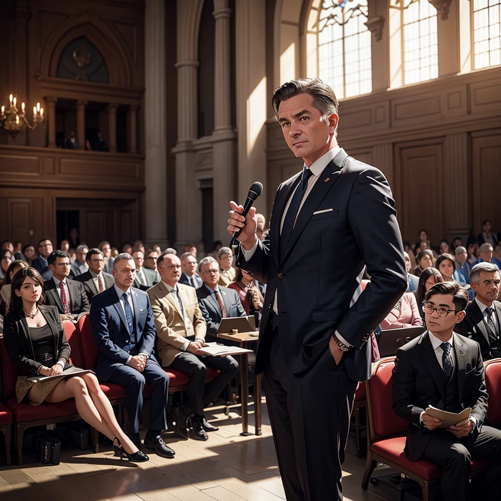  There is only one middle-aged male general manager in the photo with his back to the camera.，He wears fashionable and young clothes，Speech in the Great Hall，There are many audience members in the audience