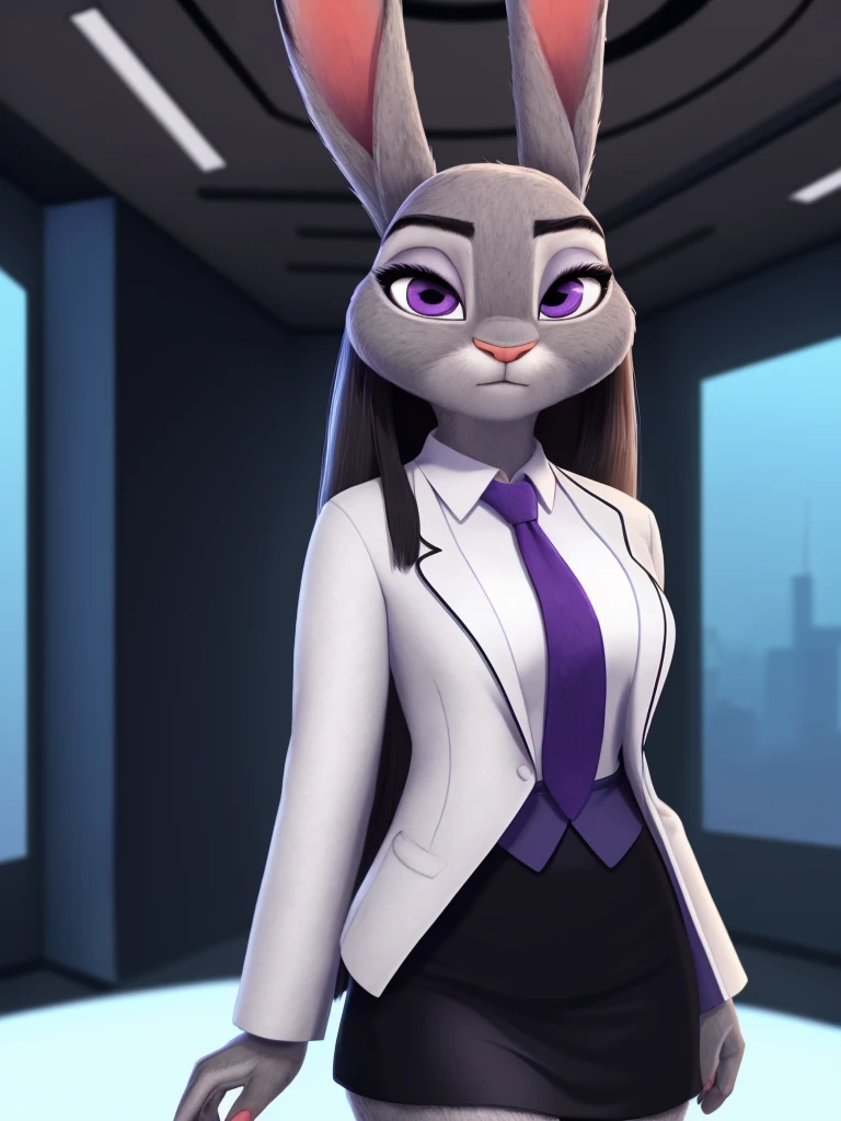 best quality,
masterpiece,
hyper Realistic,
Portrait,
Looking at the audience,
background is an office,
(Face is JudyHopps:1.15),
NamiFinal,
((long straight hair)),
wispy bangs, bangs,
purple eyes,
(arched eyebrows:1.1),
(uplift eyebrows:1.1),
(rabbit ears:1.1),
office lady is wearing suit,
((White blouse)),
((Black blazer jacket)),
((Black skirt)),
clothes made of cotton,
(outfit is made of felt:1.4),
(((body is made of fabric))),
(((body is gray with fluffy and fluffy))),
(((skin is felt with fluffy and fluffy))),
human hands,
(solo:1.5),
(1 lady:1.5),
one character only
alone,
Perfect Anatomy