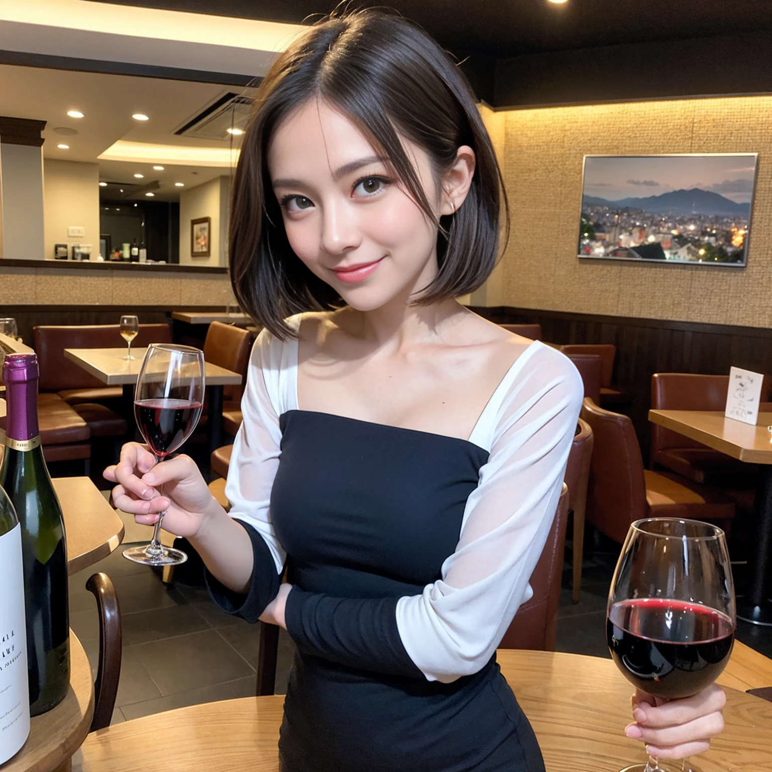 ((Highest quality、8K、masterpiece:1.3))、1 male、1 female、Couple、spouse、石原さとみ似美女Couple、The body is slim、((Bob Hale、Straight hair:1.2)), (Realistic, Intricate details:1.2), テーブルの上のwine glass、Shine light on your face、 Amazing view of the sunset sky and clouds、Amazing mountain views、A bright smile、The wonderfulness of smile、Bright image、The beauty of wine, Beautiful Face, blue eyes, The light shines on your face, Blushing, short hair,Bright Face、 (45 years old), 39 years old, red wine 、Appetizers、Italian food、Wine bottle、Champagne、sparkling wine、Two beauties、Brown Hair、Shortcuts、Long sleeve shirt、dress、Beautiful woman 1, (slimな顔), (The body is slim), (Brown Hair), (Shortcuts), cheeks turn a little red,Attractive beauty、restaurant, In a prominent place (From the waist up) Nova Frog Style, actress, model, Upper Body, White wine, slim, wine glass, 中央に置かれたwine glass, smile, (smile: 1.15), Beautiful fine grain, Depth f/2,saturation, High Contrast, Strong light and shadow,Moist Body:1.5、3D texture、Delicate eyes、Brown Hair、The hair is very shiny、