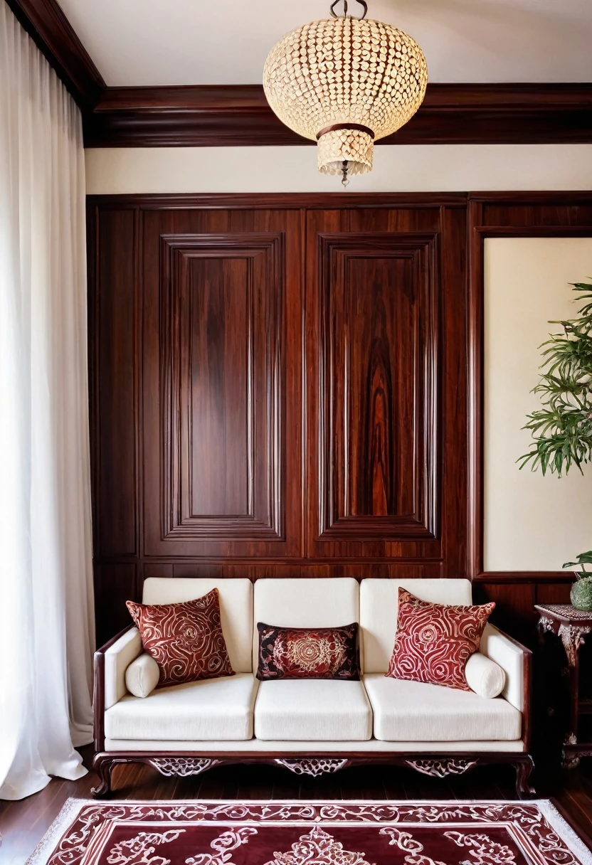 A beautiful living room made of rosewood decor design, intricate patterns,​ white curtain,