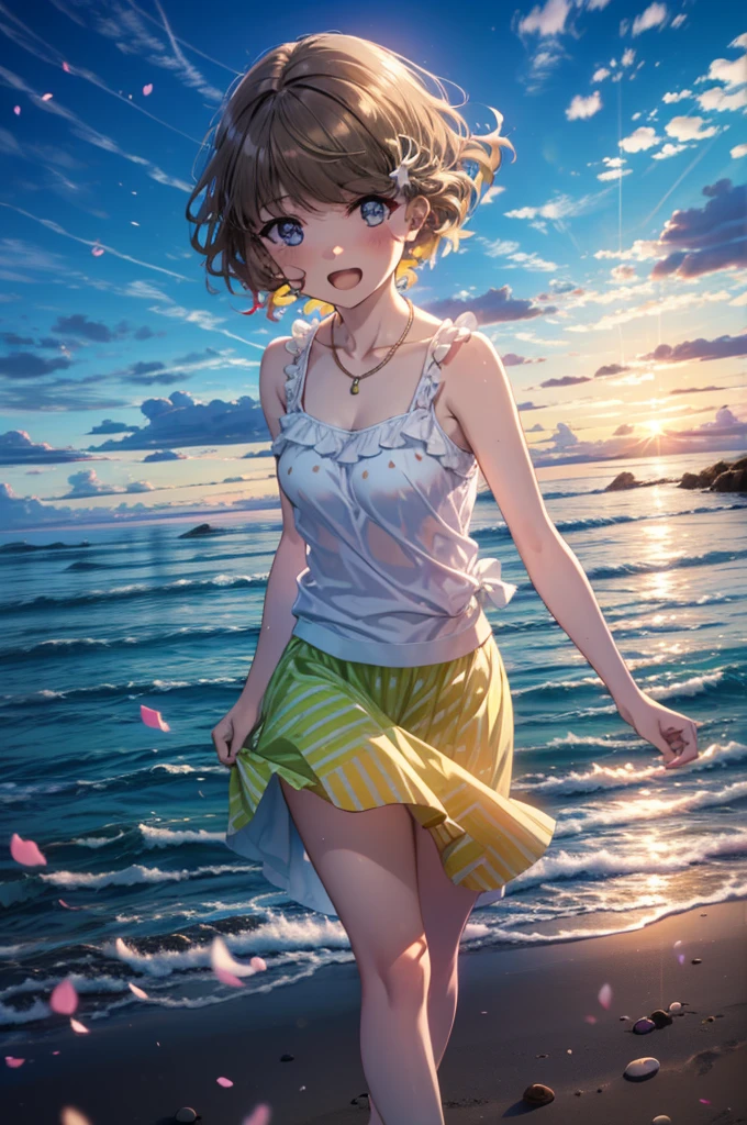 tomoekoga, Chie Koga, Long Hair, Brown Hair, blue eyes, Hair Clip,happy smile, smile, Open your mouth,Yellow tank top shirt,No sleeve,Shell Necklace,Yellow long skirt,barefoot,barefoot,Walking,True Summer,Daytime,Hair is fluttering in the wind,Sandy Beachで散歩している,whole bodyがイラストに入るように,
break outdoors, Sandy Beach,Beach,
break looking at viewer, whole body,
break (masterpiece:1.2), Highest quality, High resolution, unity 8k wallpaper, (figure:0.8), (Beautiful attention to detail:1.6), Highly detailed face, Perfect lighting, Highly detailed CG, (Perfect hands, Perfect Anatomy),