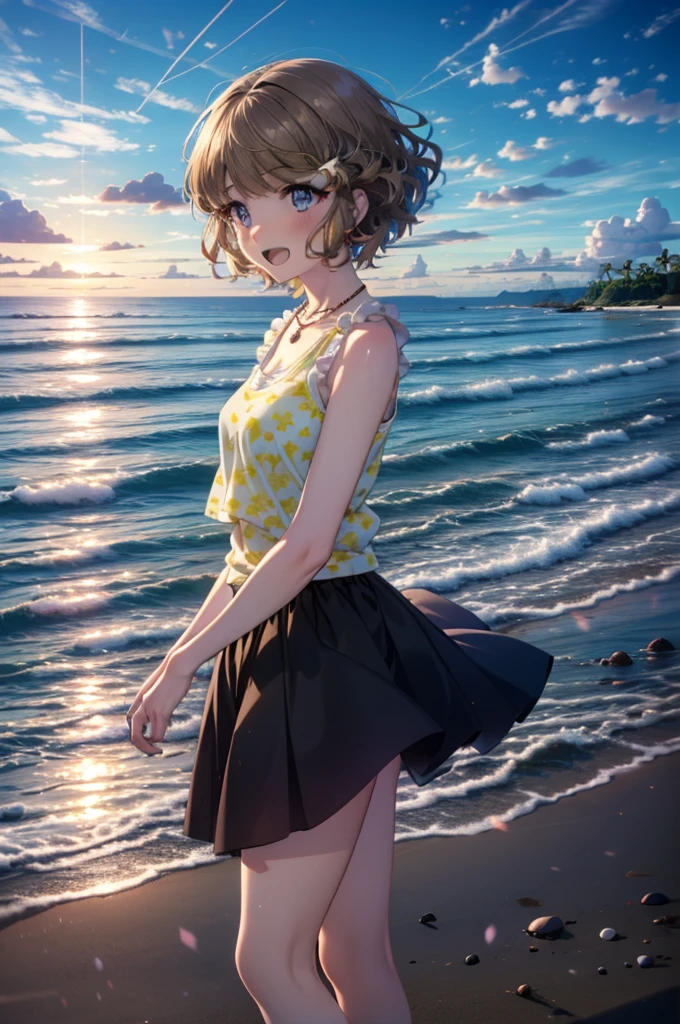 tomoekoga, Chie Koga, Long Hair, Brown Hair, blue eyes, Hair Clip,happy smile, smile, Open your mouth,Yellow tank top shirt,No sleeve,Shell Necklace,Yellow long skirt,barefoot,barefoot,Walking,True Summer,Daytime,Hair is fluttering in the wind,Sandy Beachで散歩している,whole bodyがイラストに入るように,
break outdoors, Sandy Beach,Beach,
break looking at viewer, whole body,
break (masterpiece:1.2), Highest quality, High resolution, unity 8k wallpaper, (figure:0.8), (Beautiful attention to detail:1.6), Highly detailed face, Perfect lighting, Highly detailed CG, (Perfect hands, Perfect Anatomy),