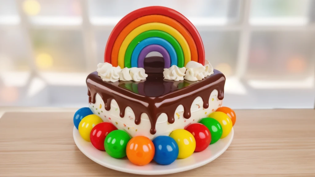 in the kitchen, on a wooden table, on a white porcelain plate, a tiny cake, the walls of the cake are made of multi-colored chocolate bars, on top are multi-colored cream stripes, multi-colored candies in the form of balls, window light, bright lights, soft light, window light, professional lighting, light from the window, neat light, realistic texture, realistic style, detailed texture, high quality, high resolution, high quality rendering, realistic photo, brightning light, macro photo
